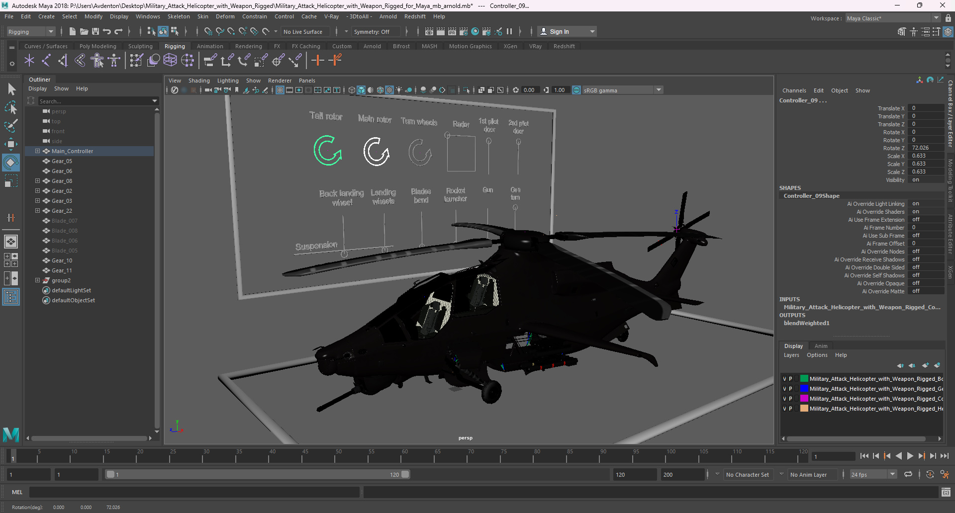 Military Attack Helicopter with Weapon Rigged for Maya 3D model