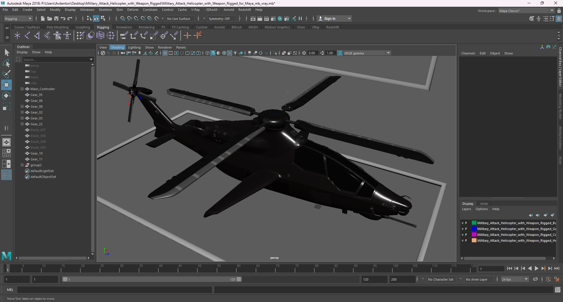 Military Attack Helicopter with Weapon Rigged for Maya 3D model