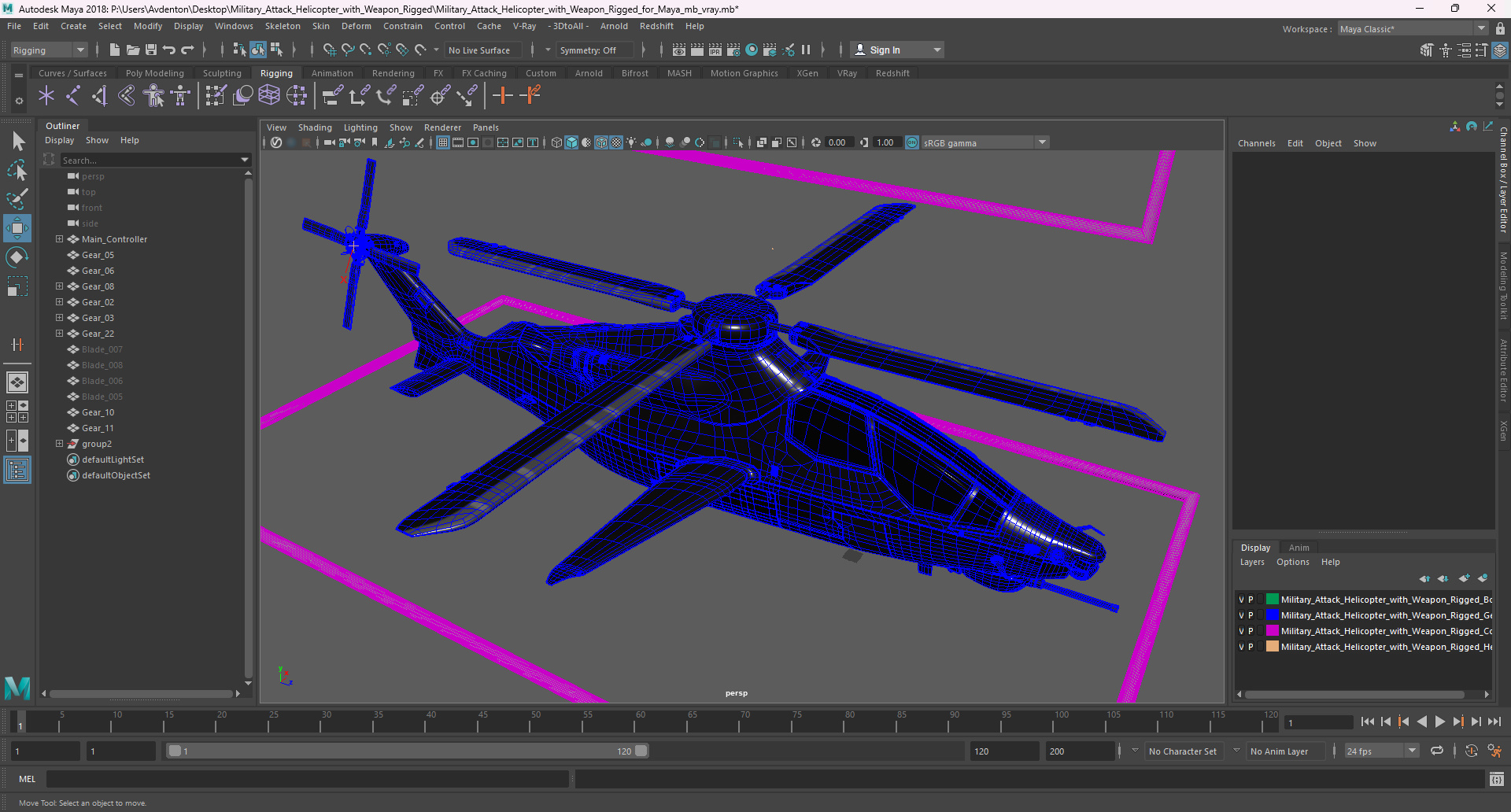 Military Attack Helicopter with Weapon Rigged for Maya 3D model