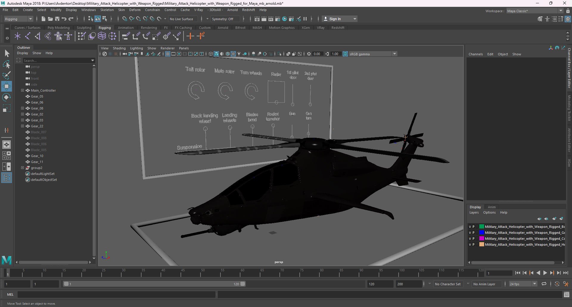 Military Attack Helicopter with Weapon Rigged for Maya 3D model