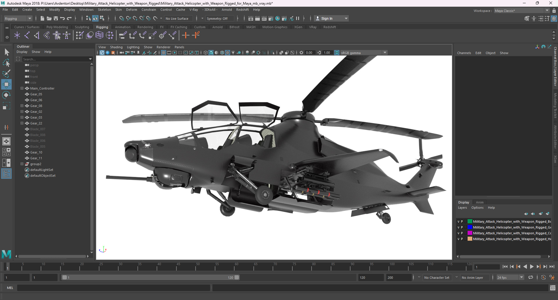 Military Attack Helicopter with Weapon Rigged for Maya 3D model