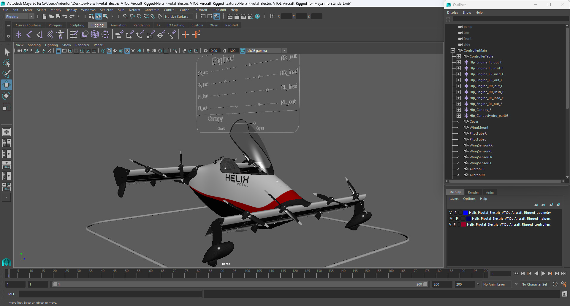 Helix Pivotal Electric VTOL Aircraft Rigged for Maya 3D