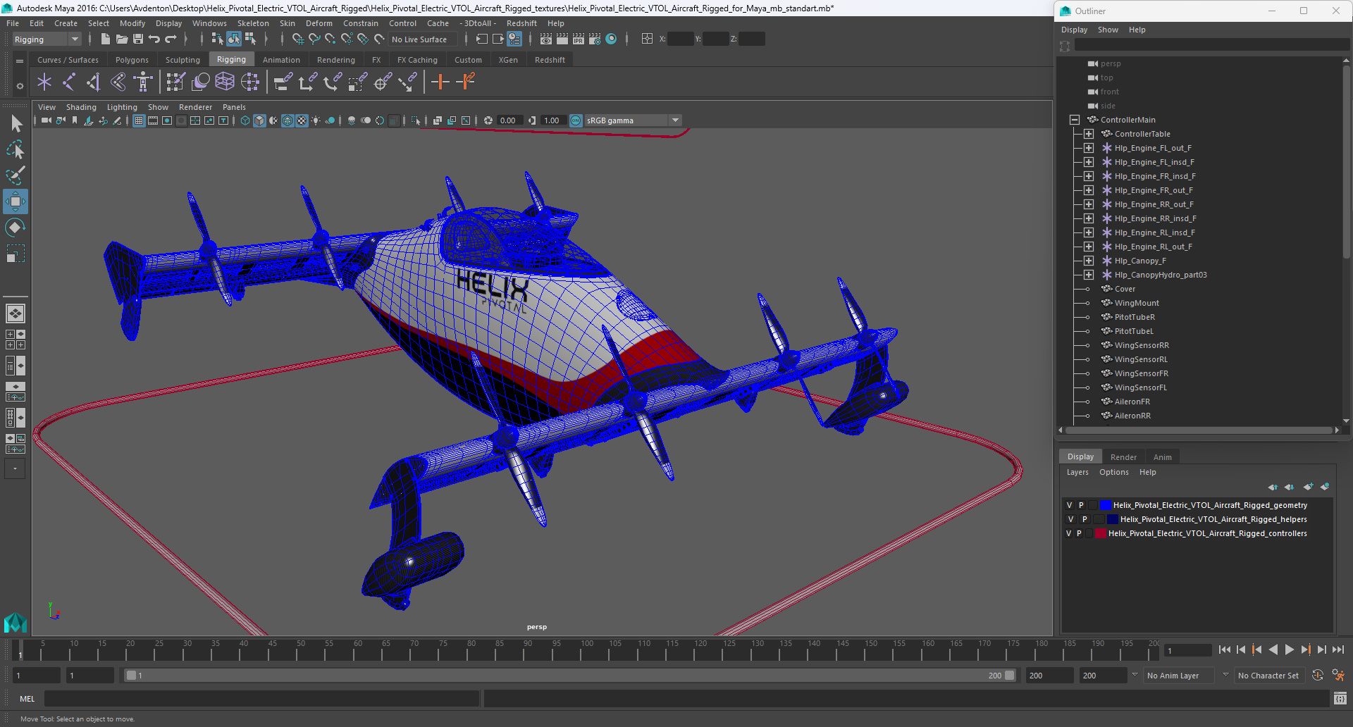 Helix Pivotal Electric VTOL Aircraft Rigged for Maya 3D