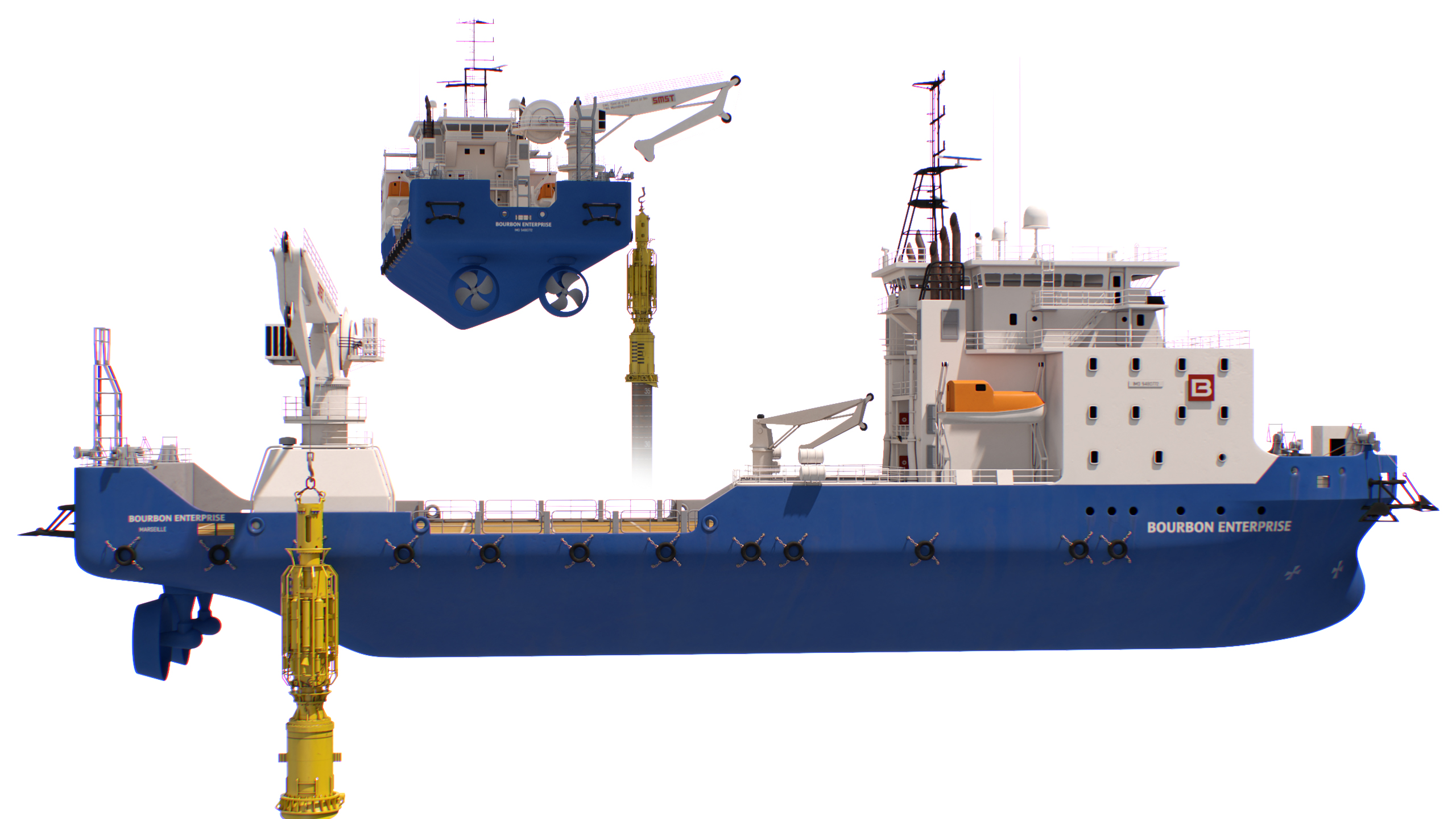 3D model Construction Vessel and Offshore Underwater Pile Driver