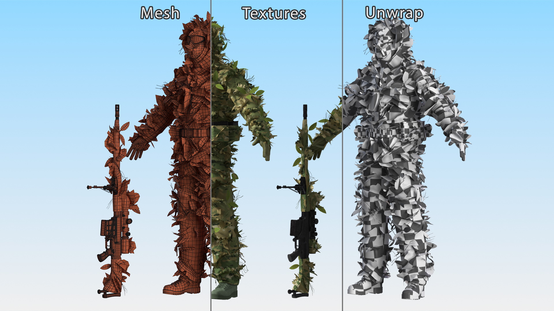 Sniper in Leaf Ghillie Suit T-pose 3D model