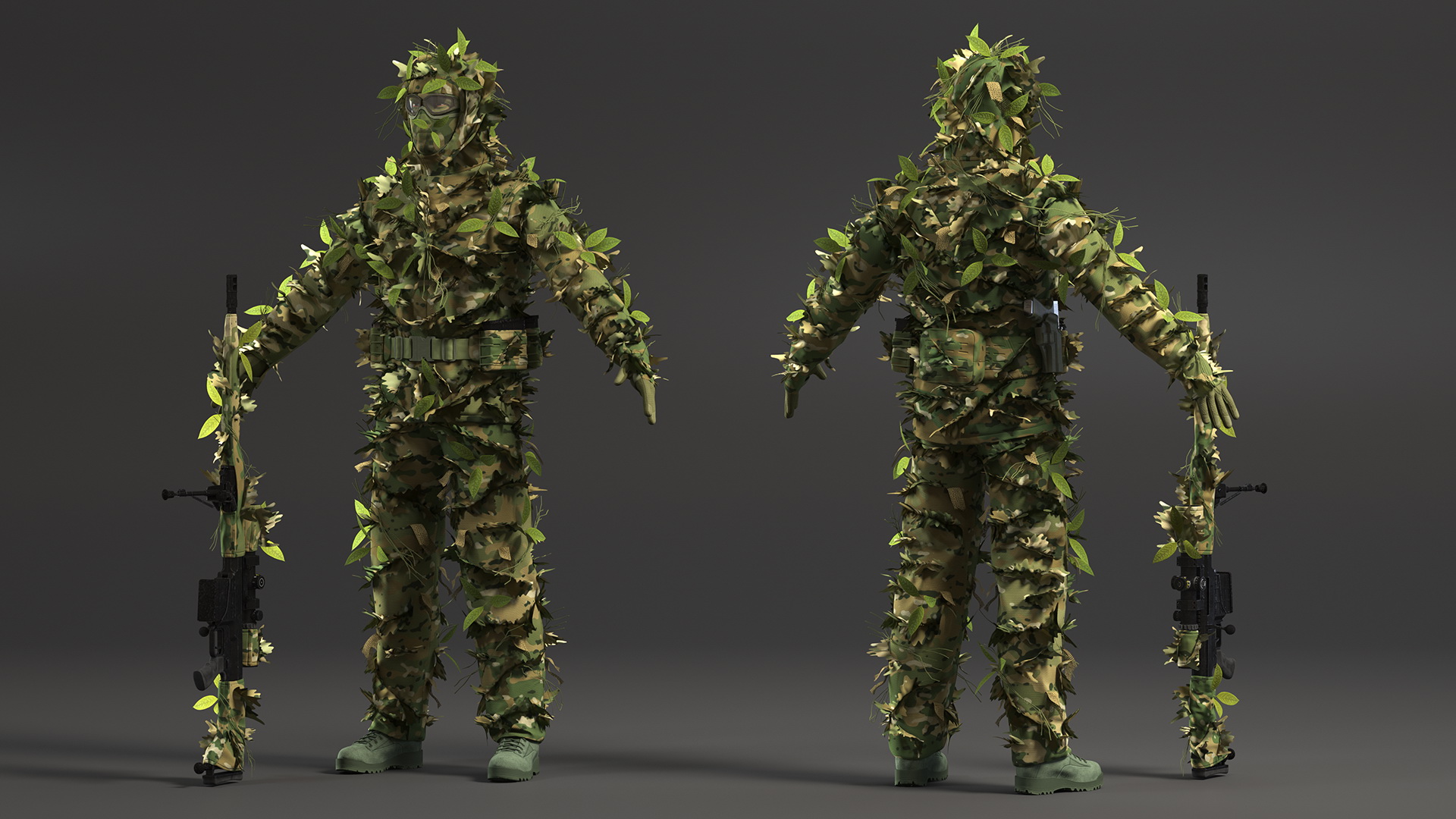 Sniper in Leaf Ghillie Suit T-pose 3D model