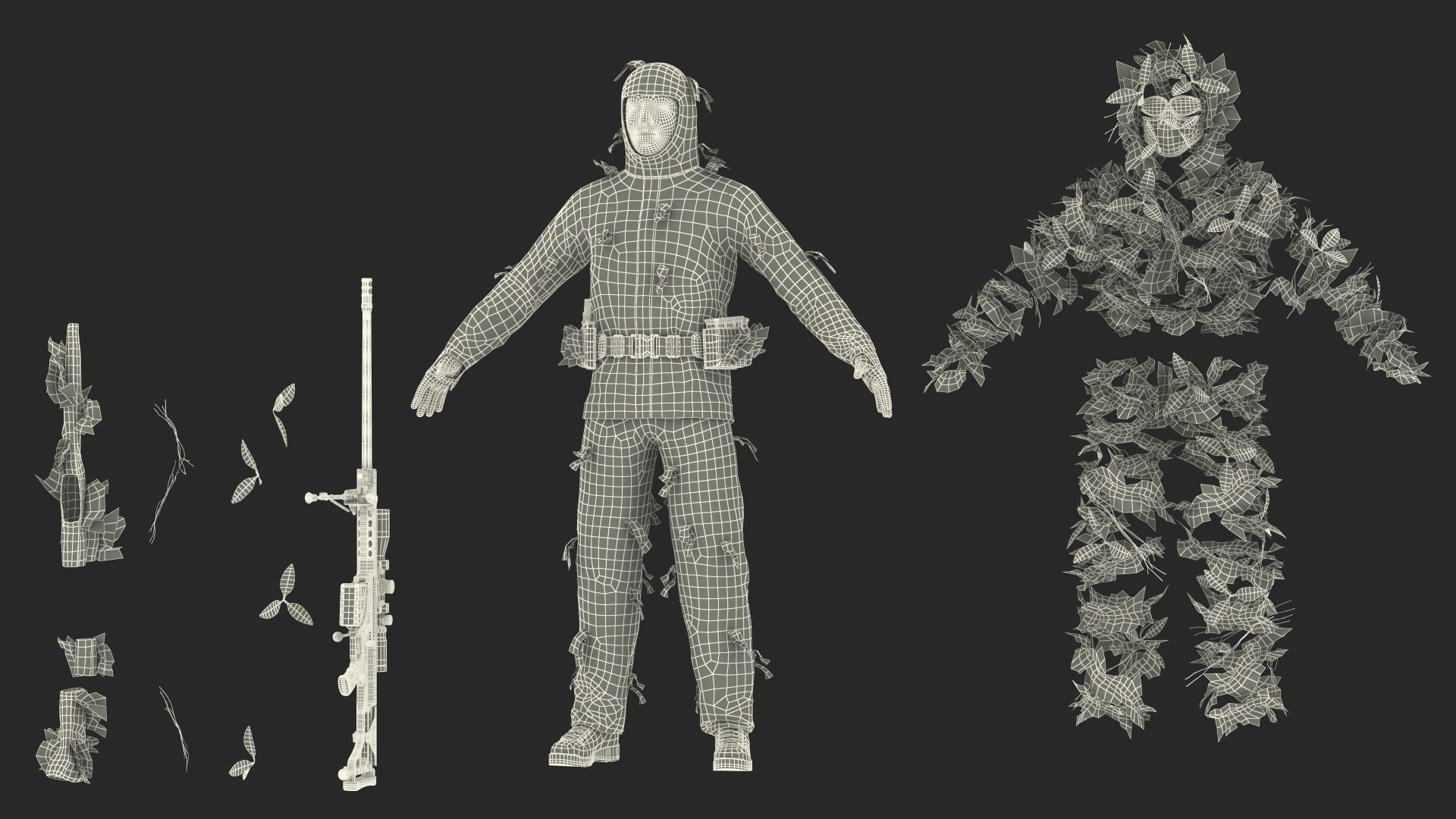 Sniper in Leaf Ghillie Suit T-pose 3D model