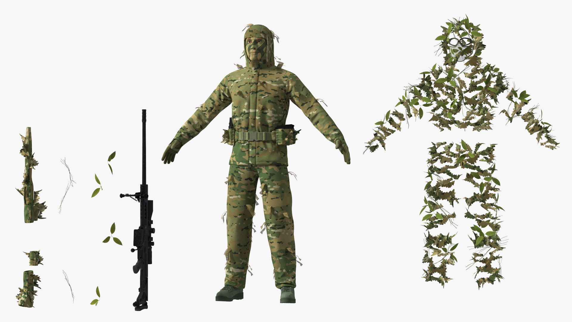 Sniper in Leaf Ghillie Suit T-pose 3D model