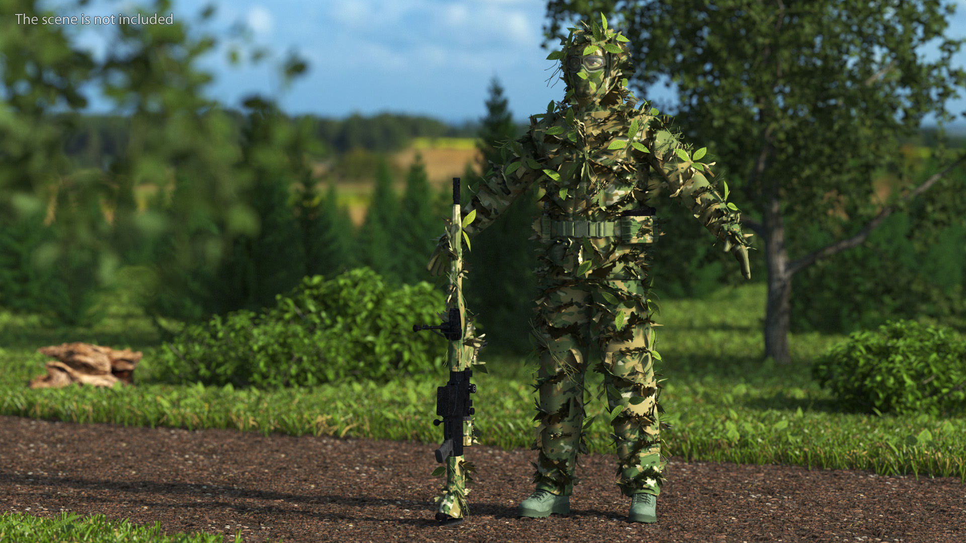 Sniper in Leaf Ghillie Suit T-pose 3D model