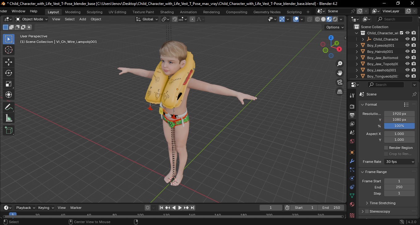 Child Character with Life Vest T-Pose 3D