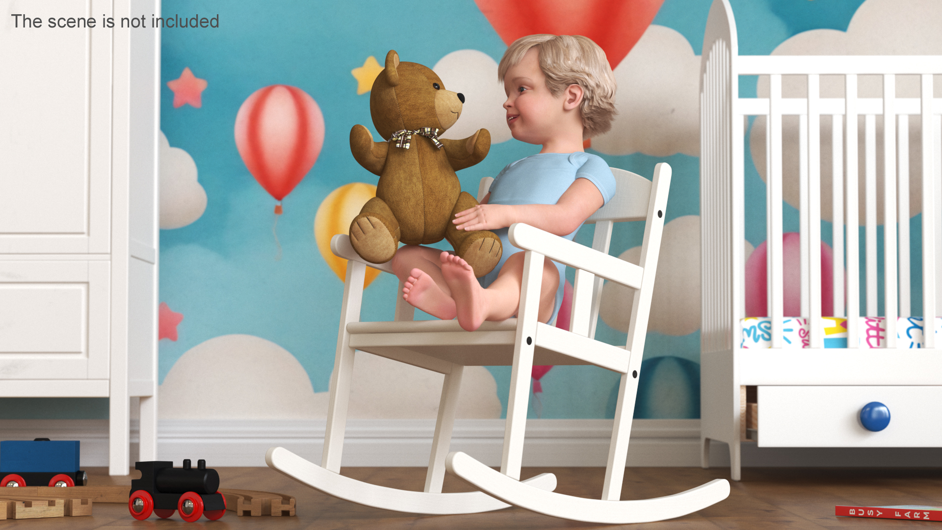 3D Child with Teddy Bear on Rocking Chair model