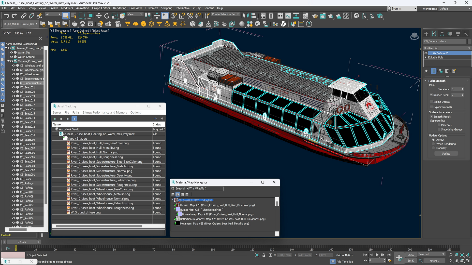 Chinese Cruise Boat Floating on Water 3D