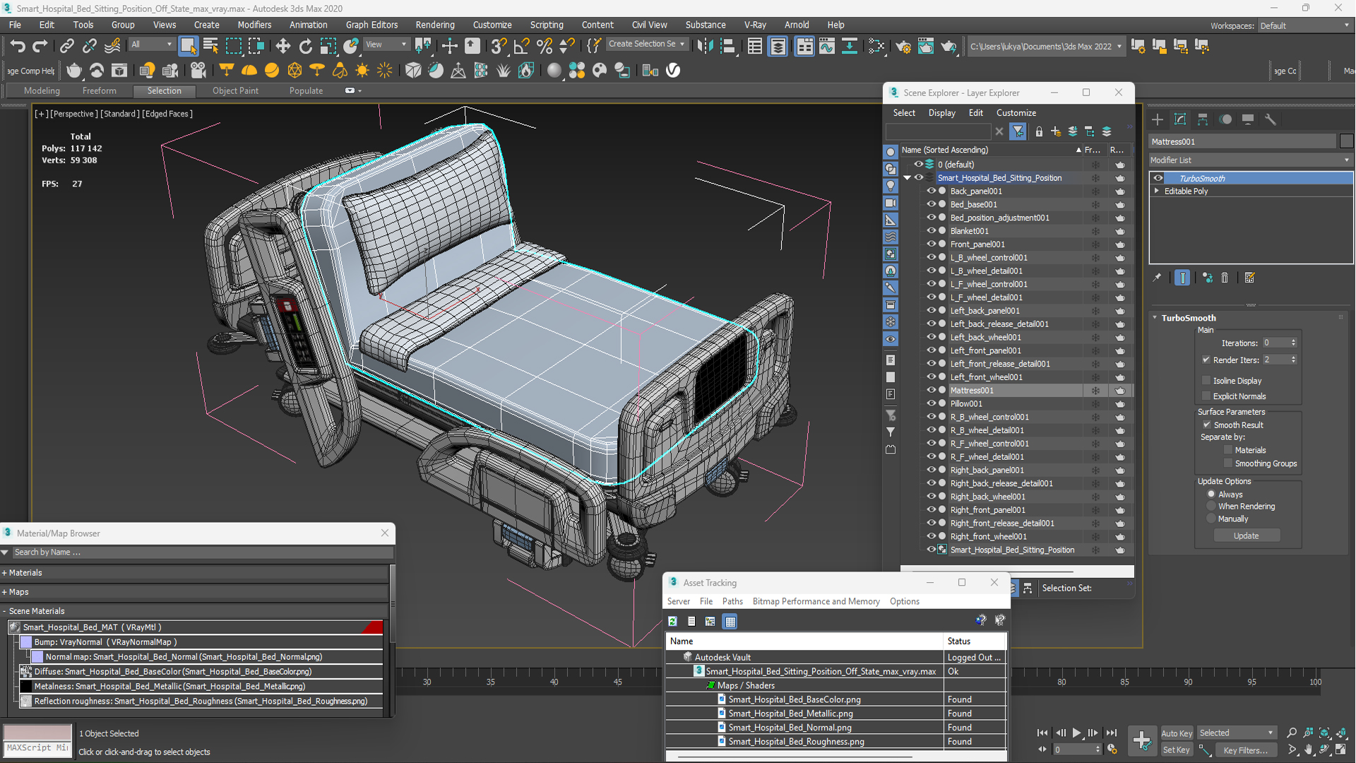 3D model Smart Hospital Bed Sitting Position Off State