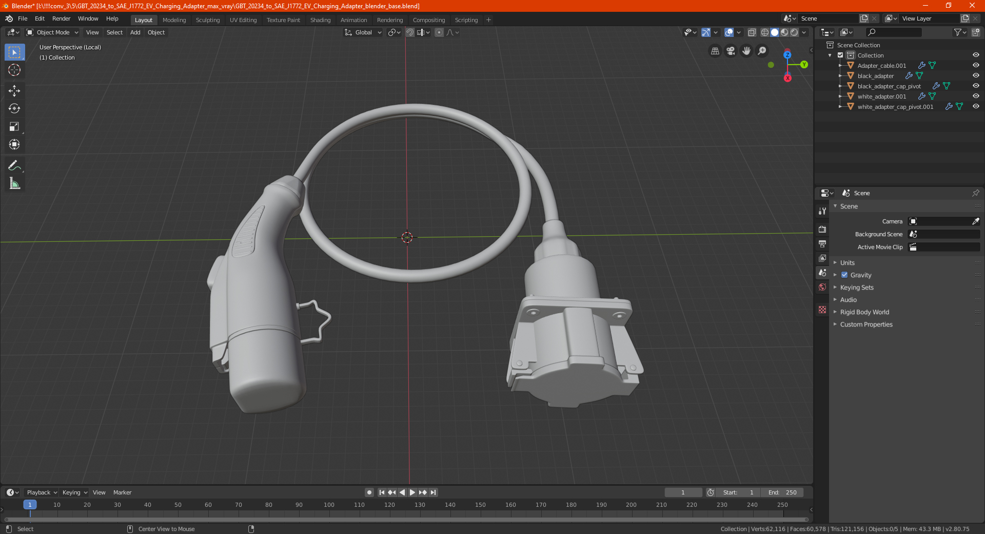 GBT 20234 to SAE J1772 EV Charging Adapter 3D