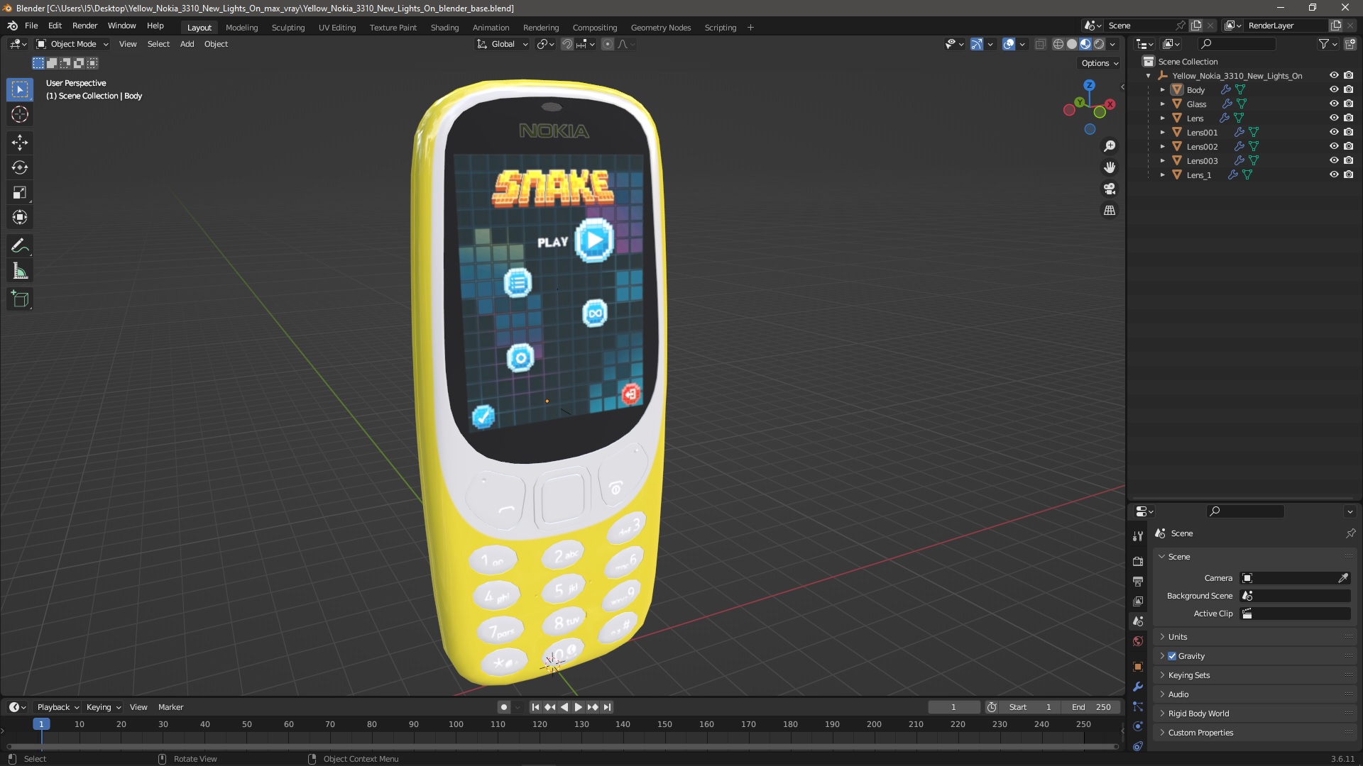 3D Yellow Nokia 3310 New Lights On