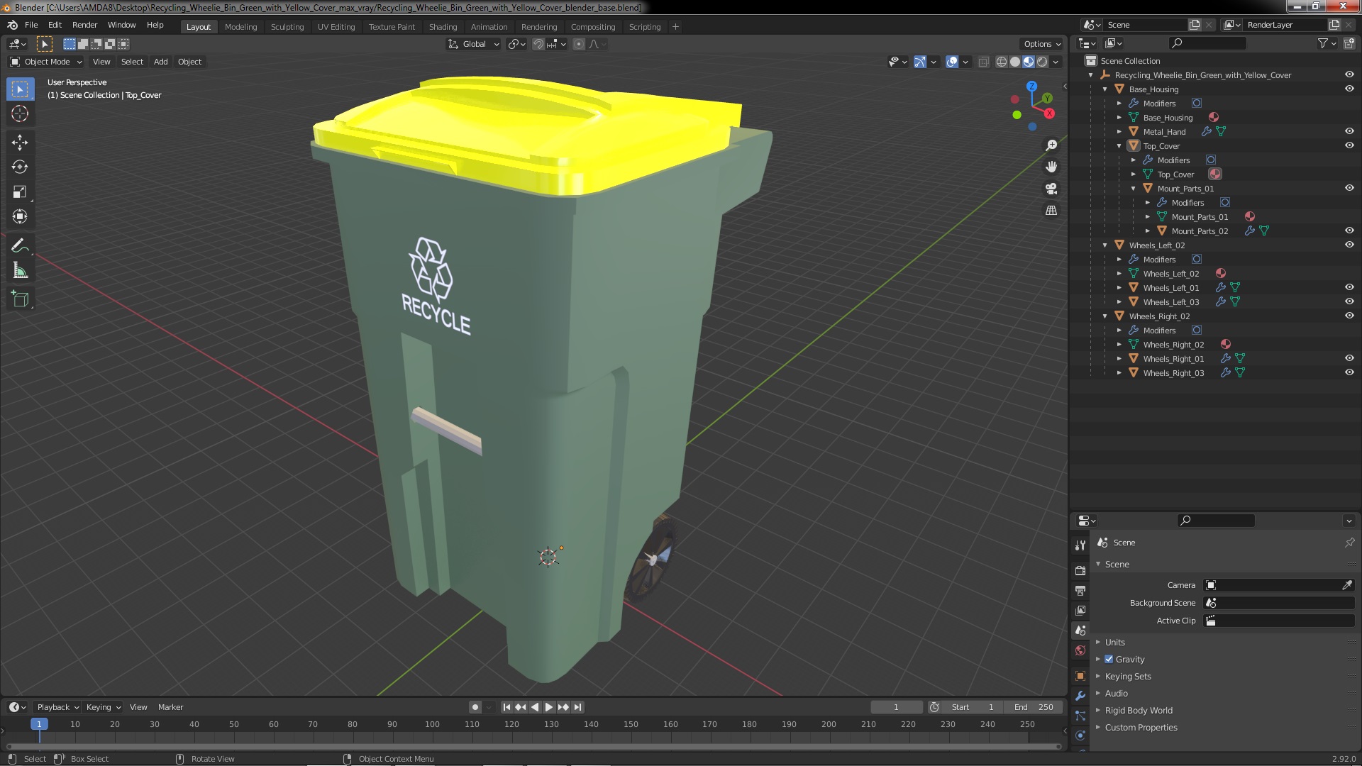 3D model Recycling Wheelie Bin Green with Yellow Cover