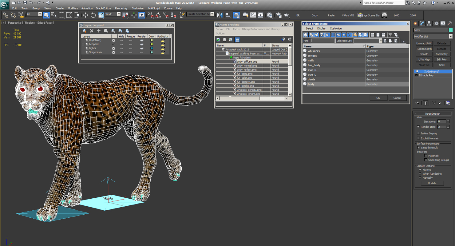 Leopard Walking Pose with Fur 3D model