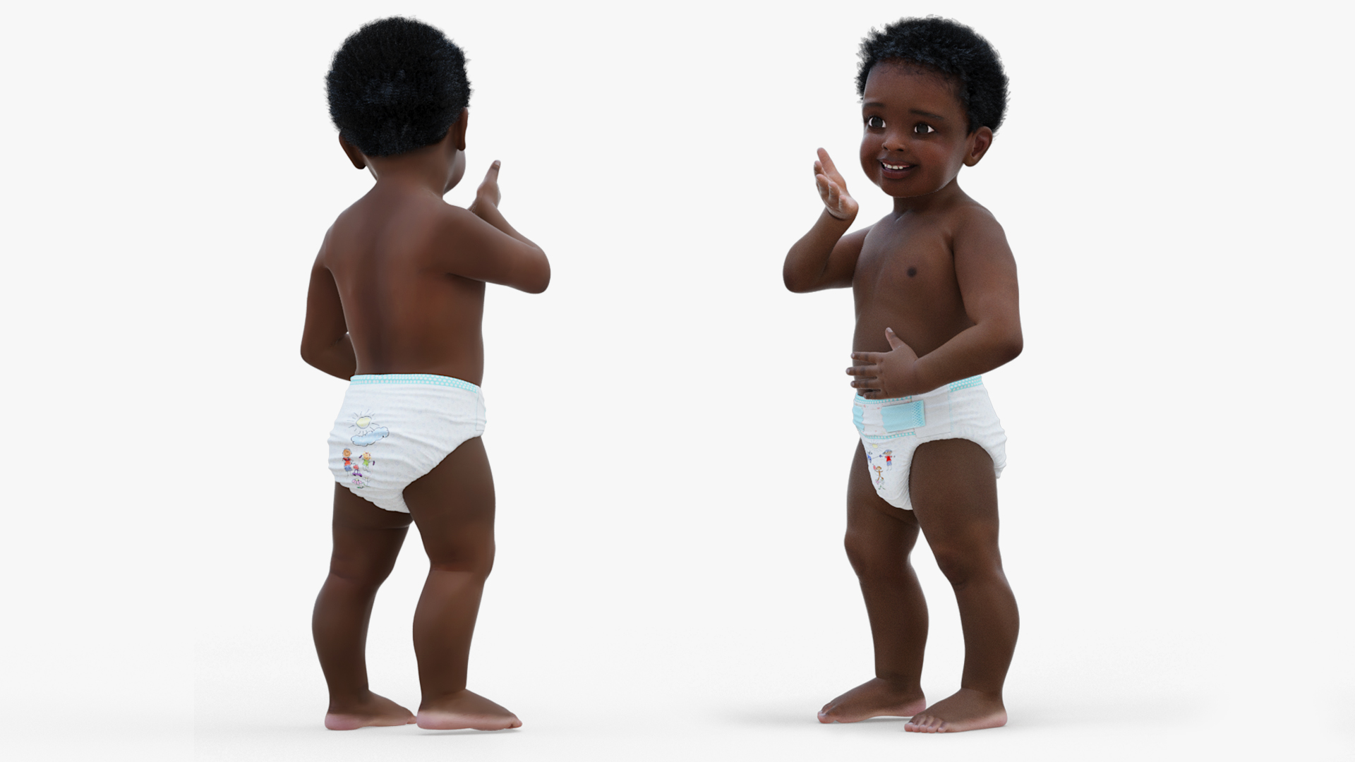 One Year Old Black Boy in Diaper Rigged 3D model