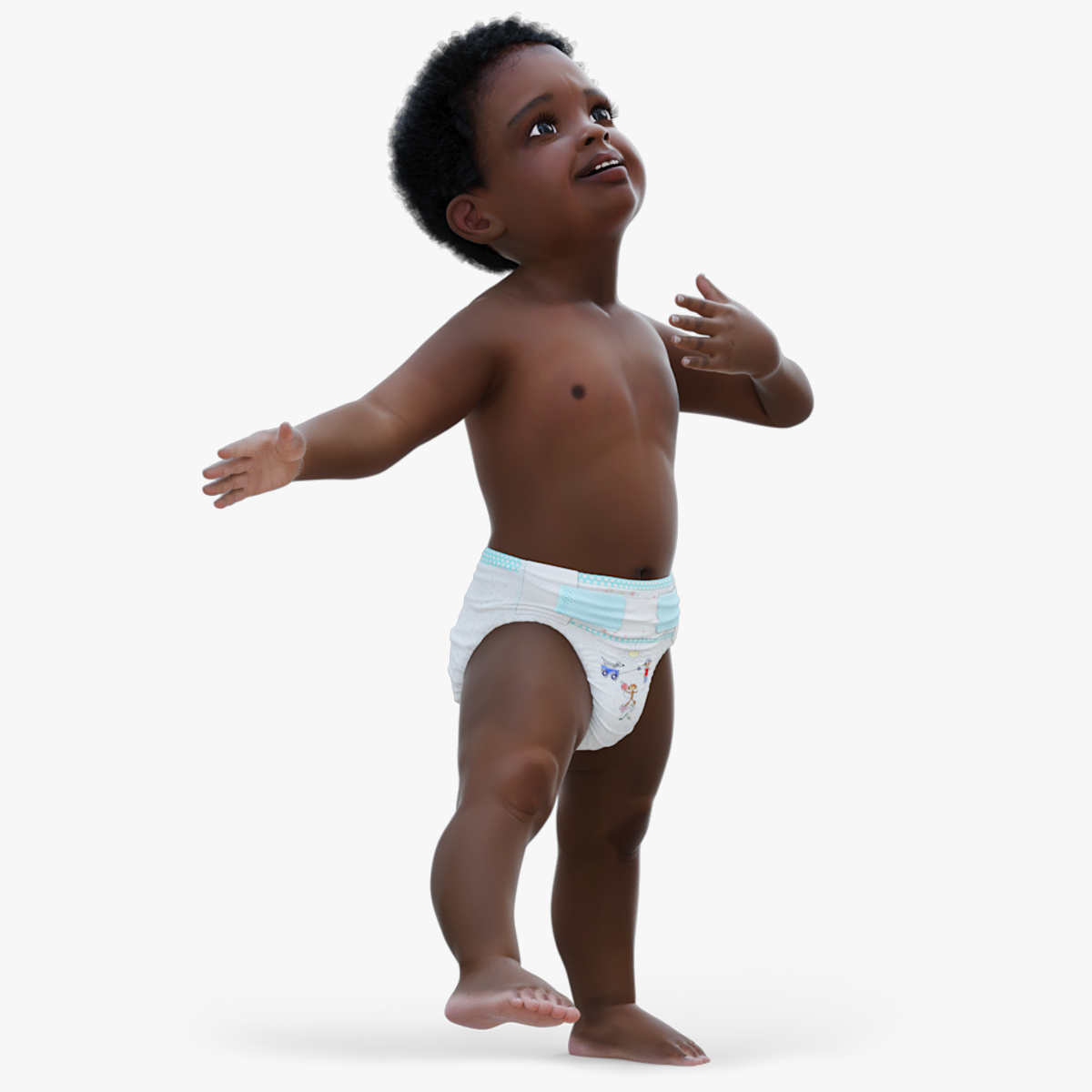 One Year Old Black Boy in Diaper Rigged 3D model