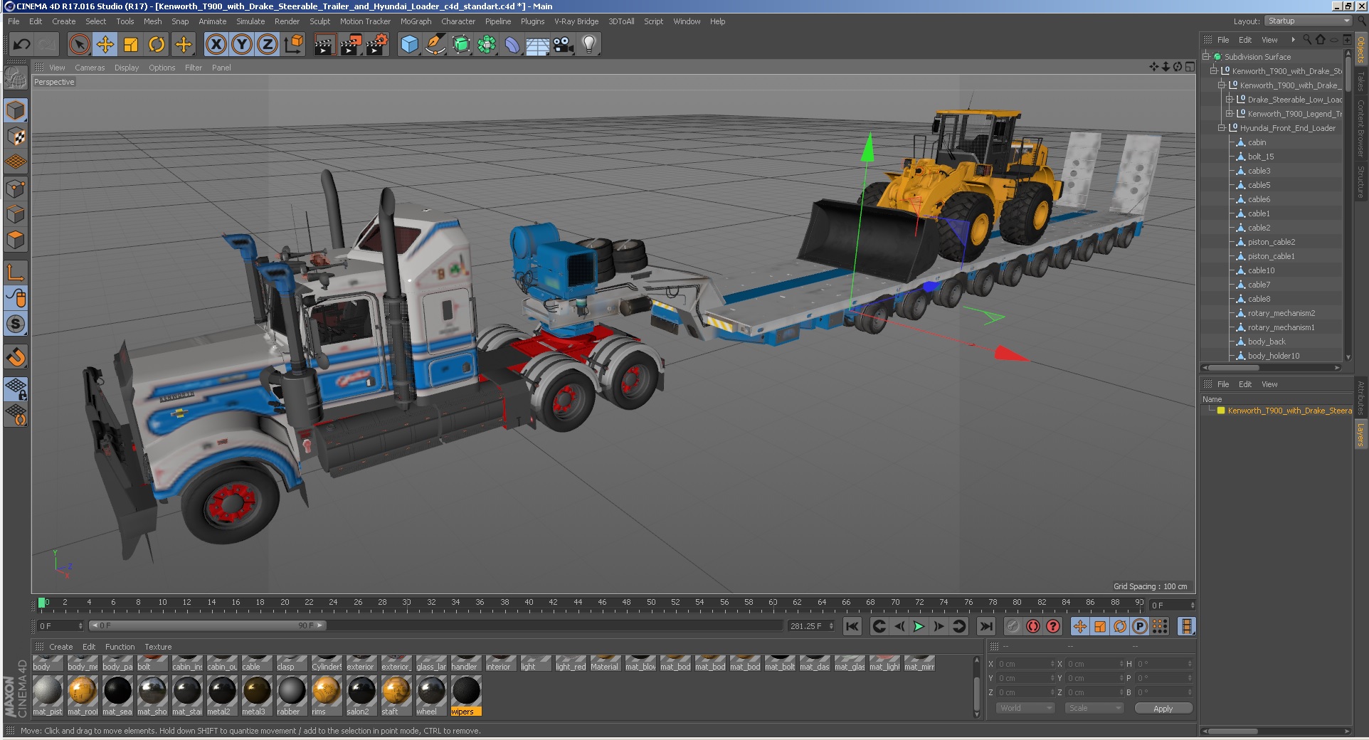 3D Kenworth T900 with Drake Steerable Trailer and Hyundai Loader