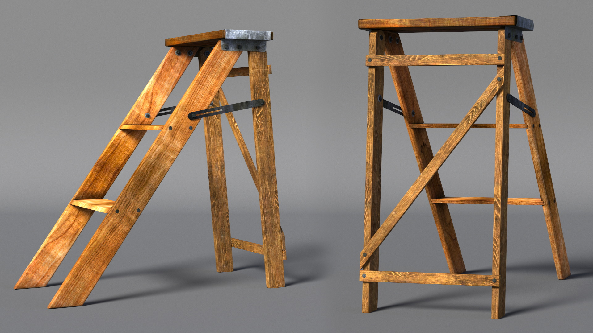 3D Vintage Wooden Step Ladder