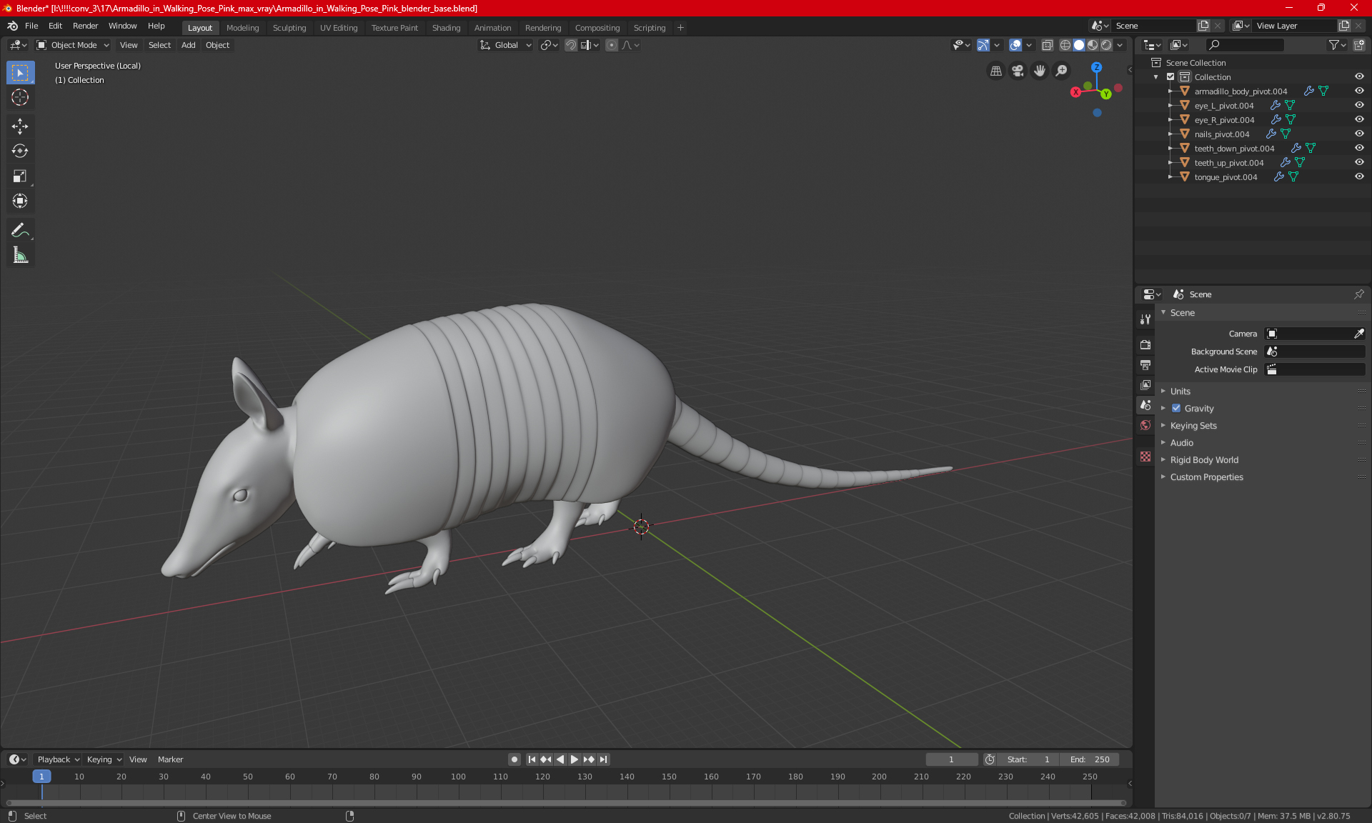 3D Armadillo in Walking Pose Black