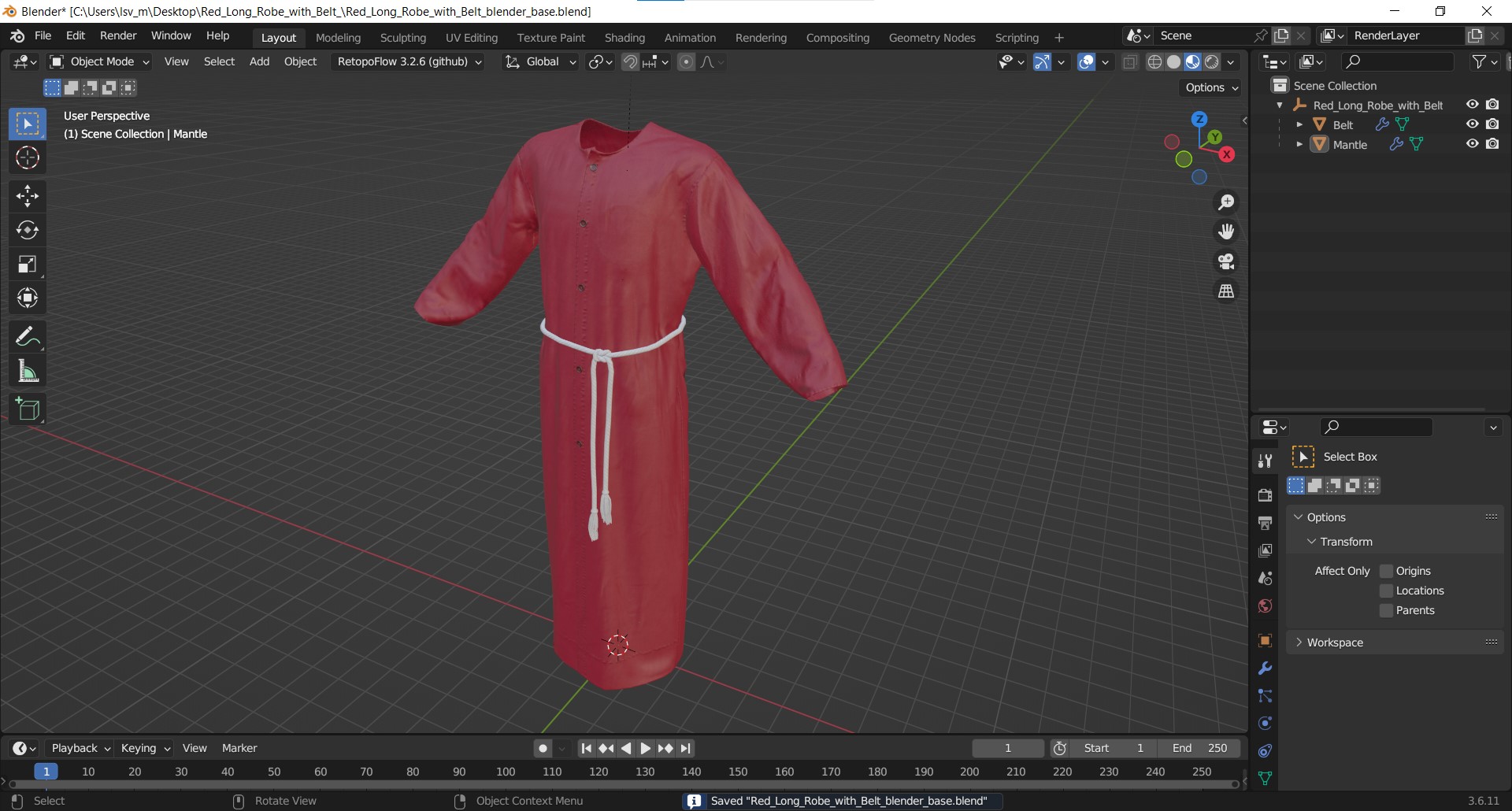 3D Red Long Robe with Belt model