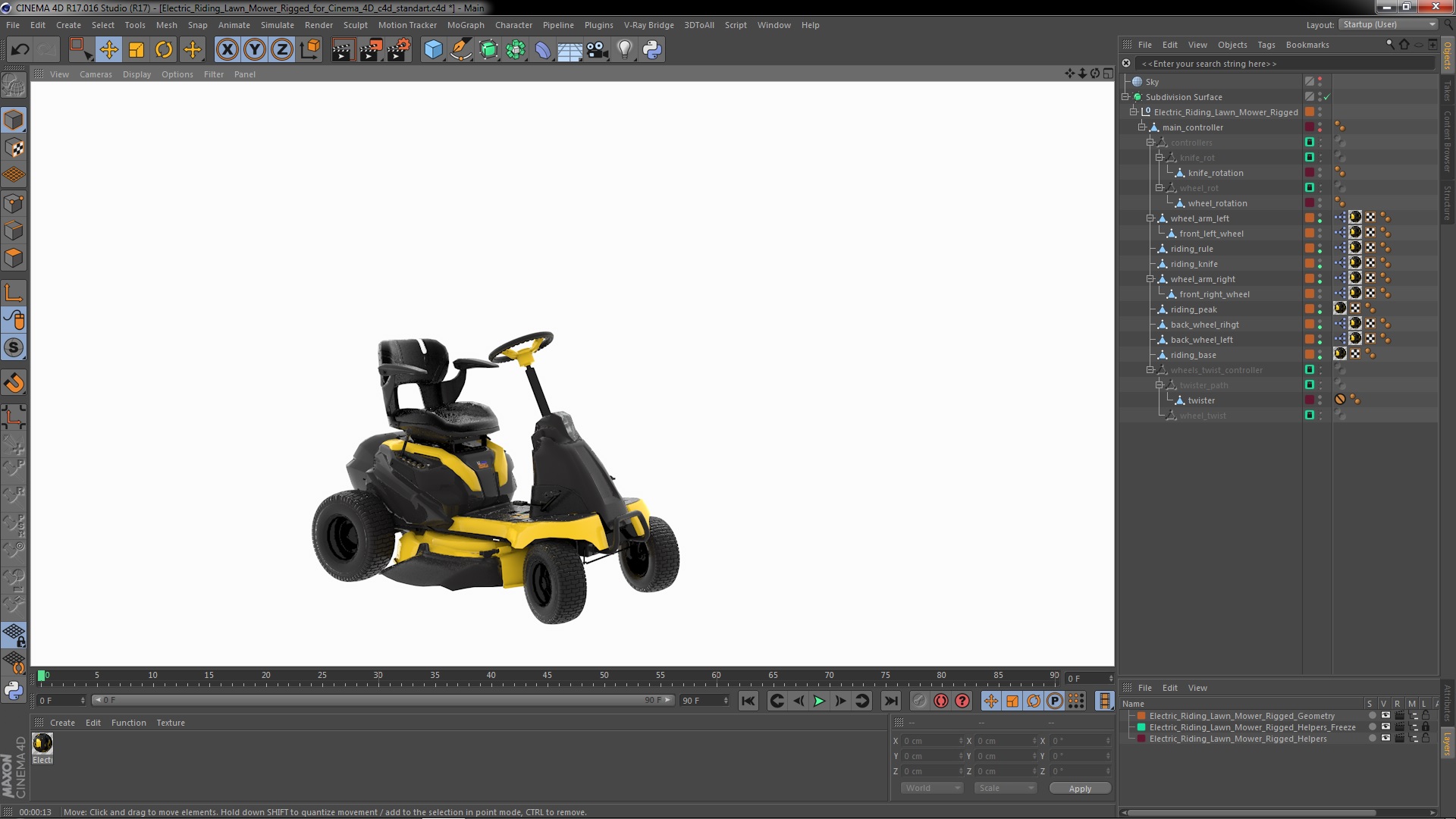 Electric Riding Lawn Mower Rigged for Cinema 4D 3D