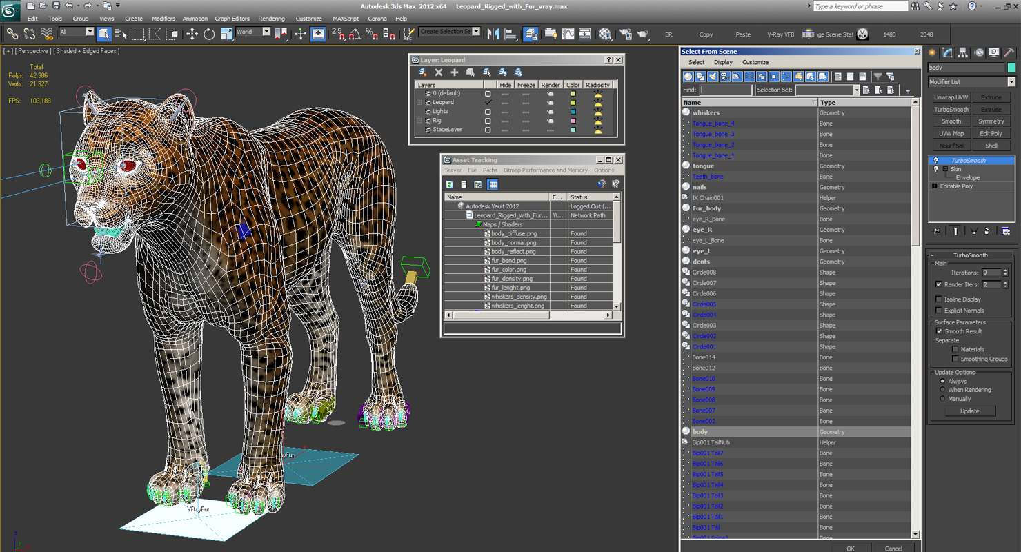 3D Leopard Rigged with Fur model