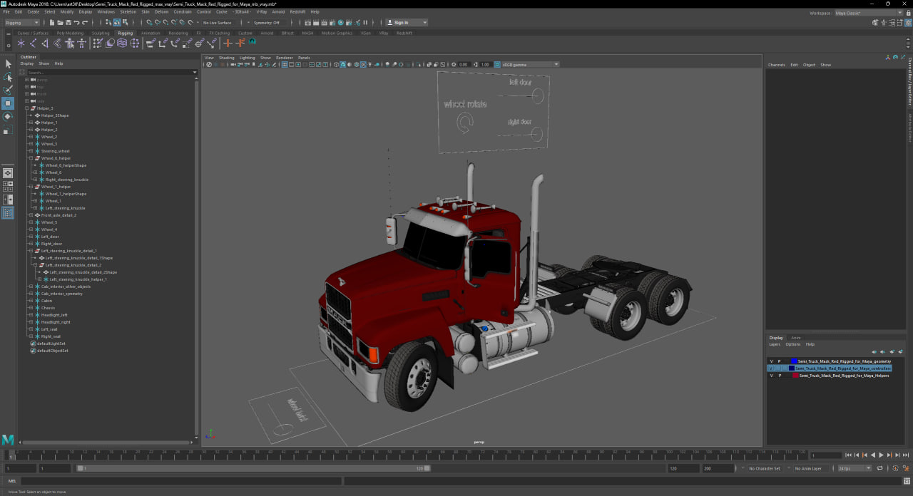 3D model Semi Truck Mack Red Rigged for Maya