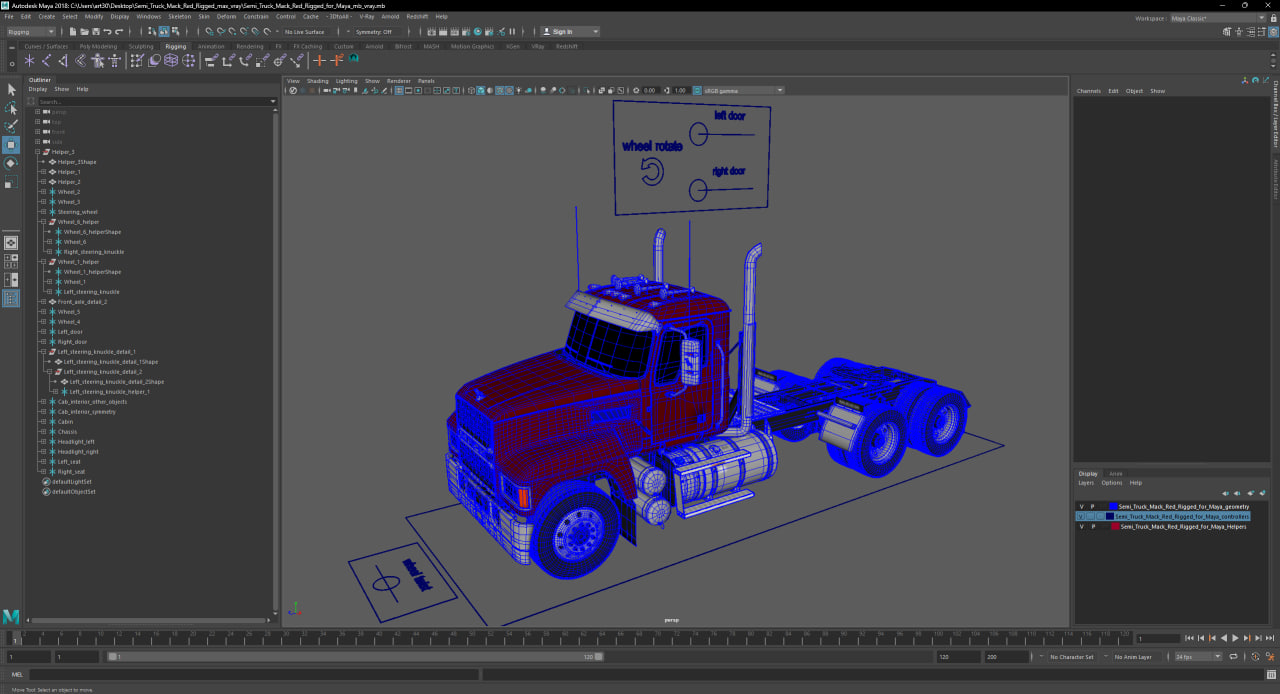 3D model Semi Truck Mack Red Rigged for Maya