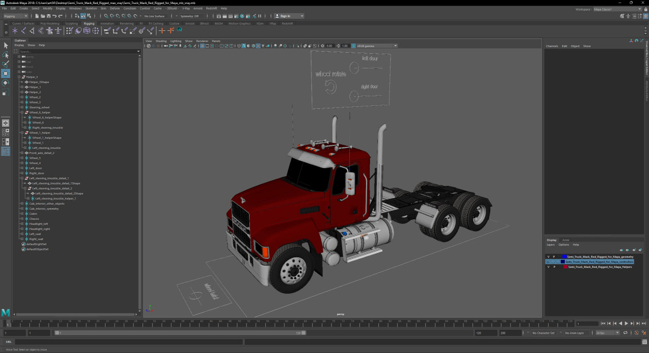 3D model Semi Truck Mack Red Rigged for Maya