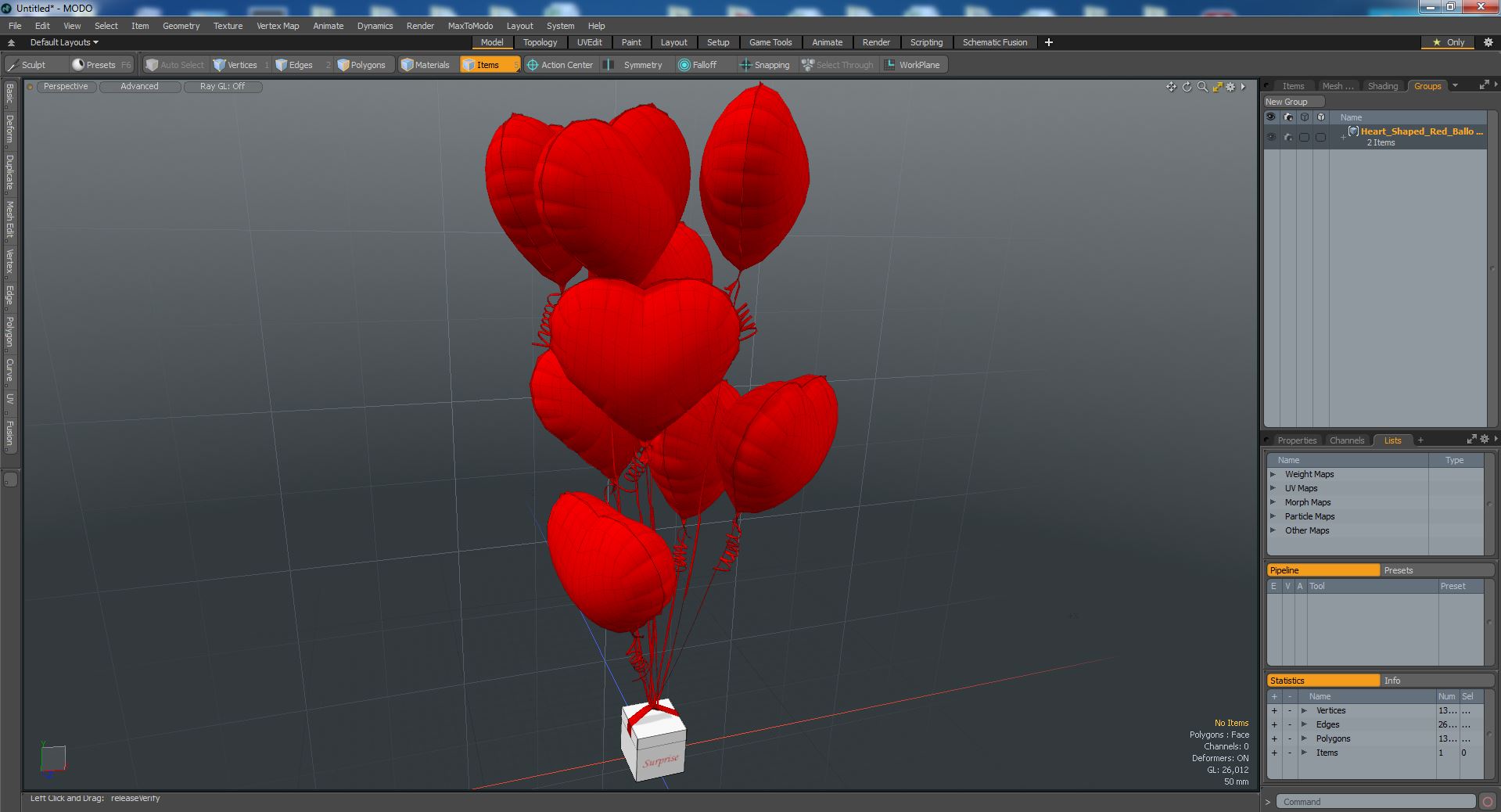 Heart Shaped Red Balloons Tied to Gift Box 3D