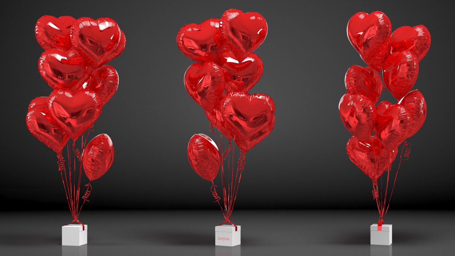 Heart Shaped Red Balloons Tied to Gift Box 3D