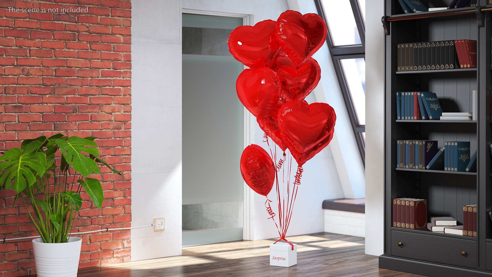 Heart Shaped Red Balloons Tied to Gift Box 3D