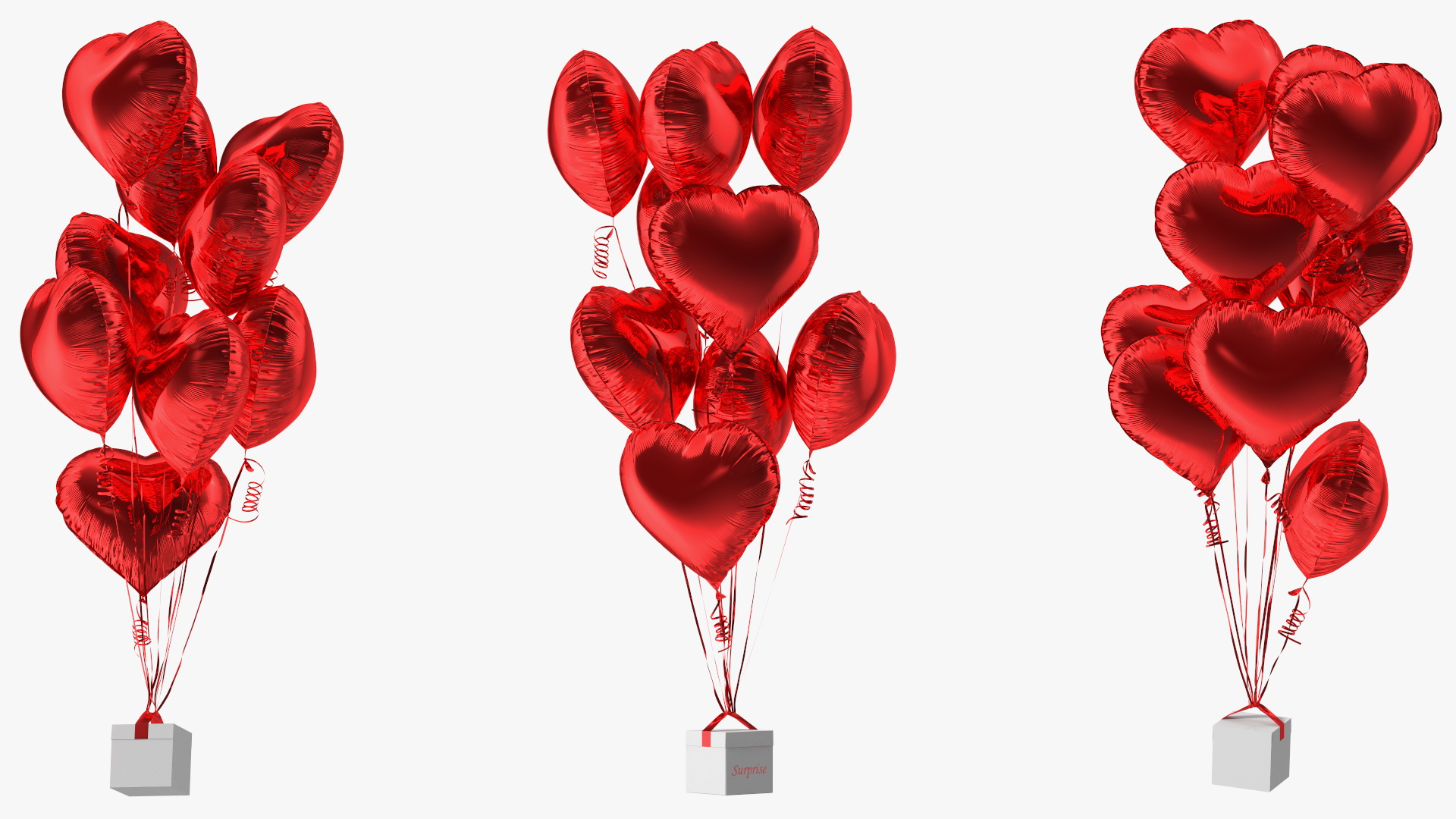 Heart Shaped Red Balloons Tied to Gift Box 3D