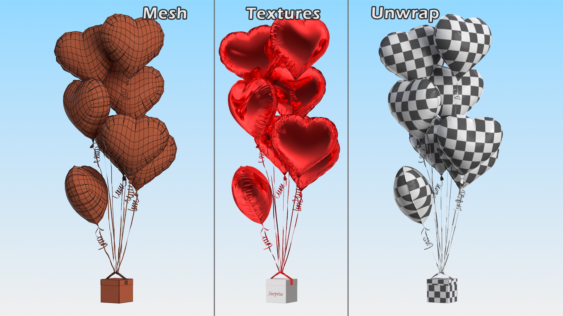 Heart Shaped Red Balloons Tied to Gift Box 3D