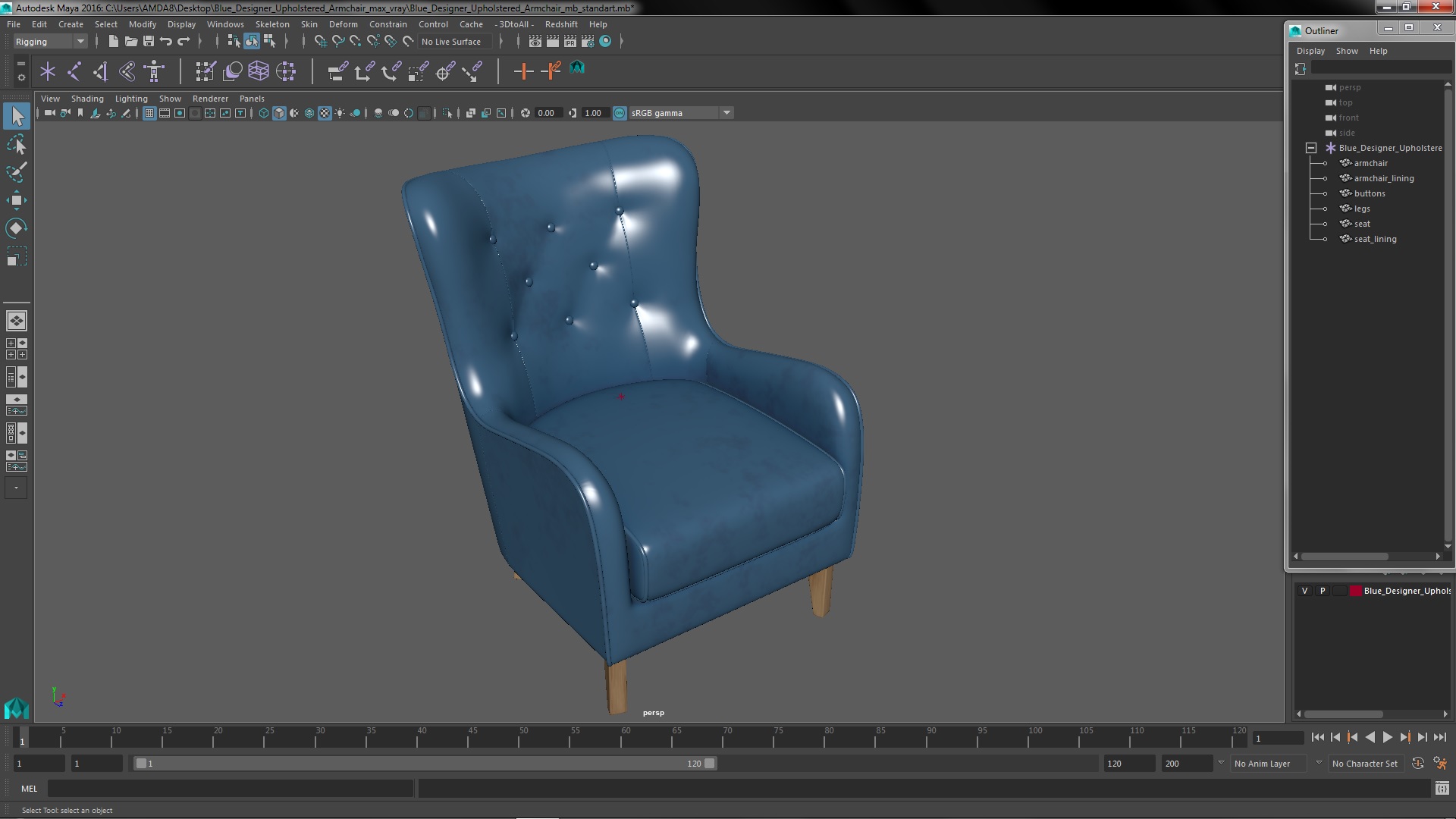 Blue Designer Upholstered Armchair 3D model