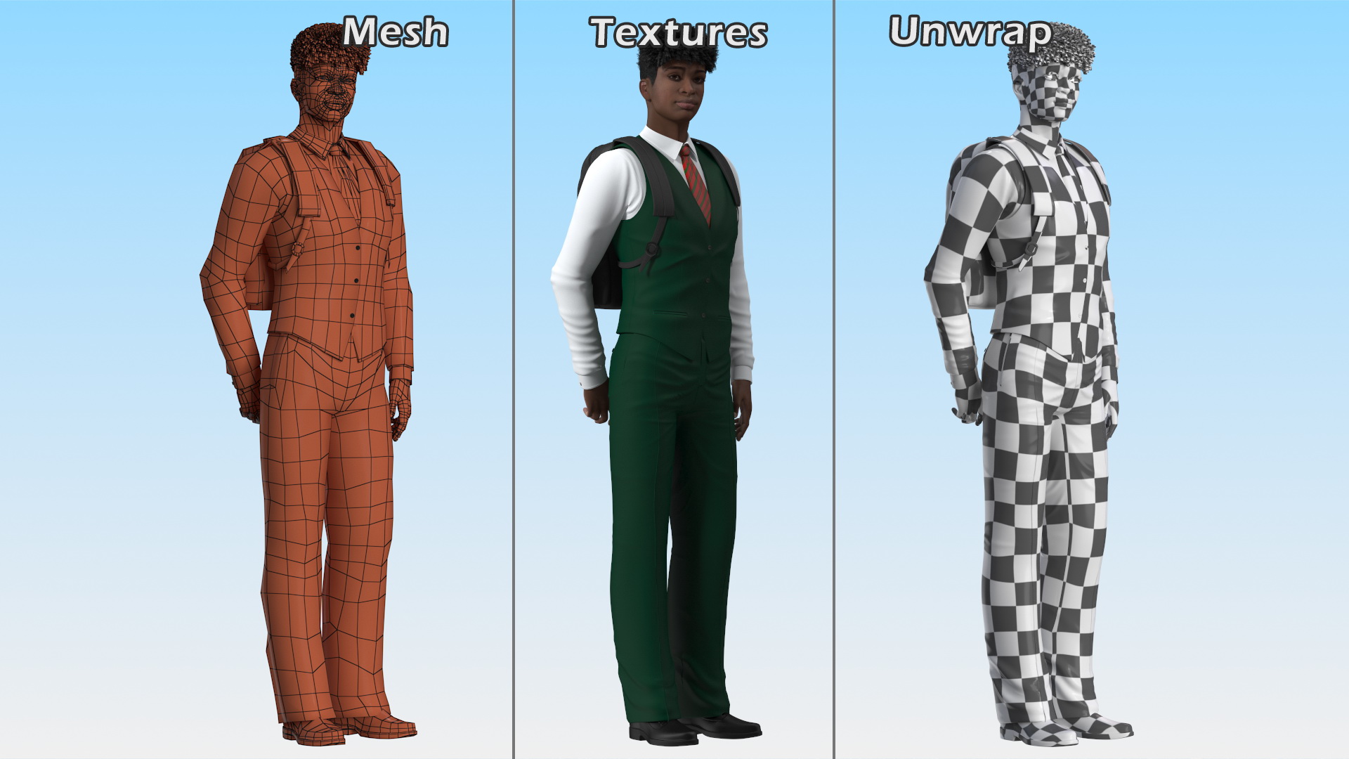 3D Black Teenager Dark Skin School Uniform Standing Pose model