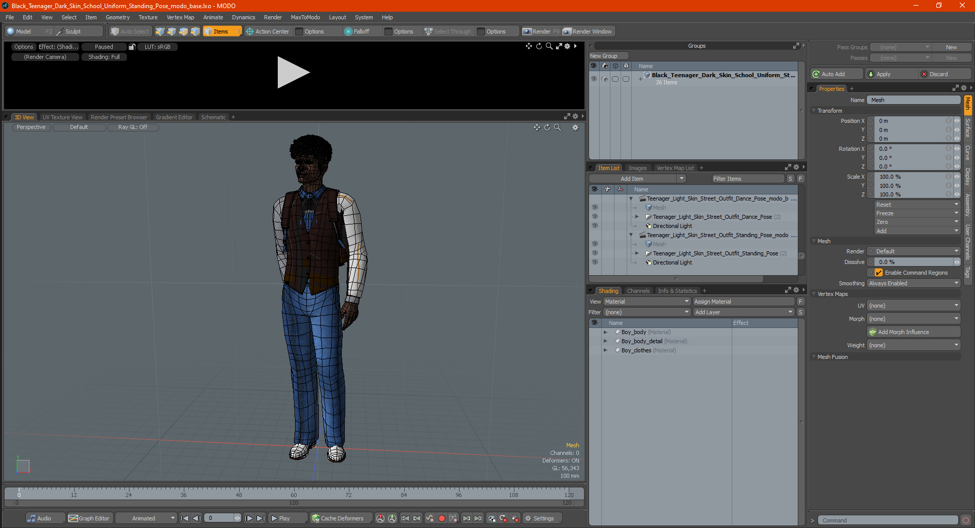 3D Black Teenager Dark Skin School Uniform Standing Pose model