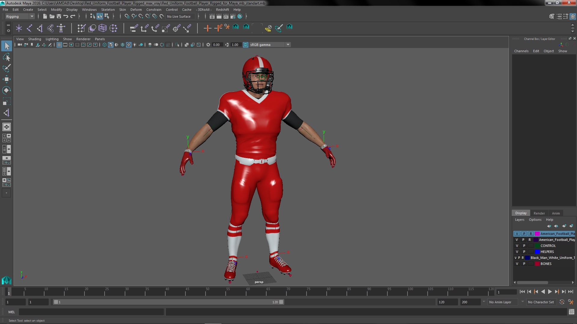 3D Red Uniform Football Player Rigged for Maya model