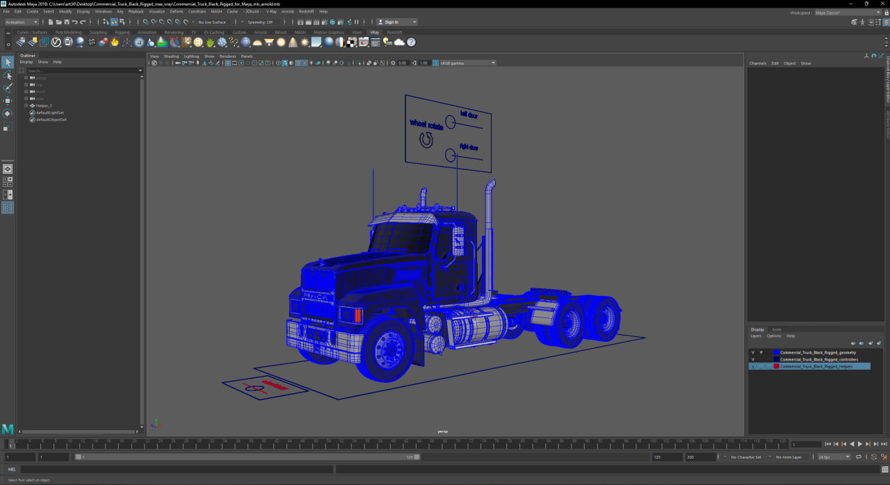 3D Commercial Truck Black Rigged for Maya model