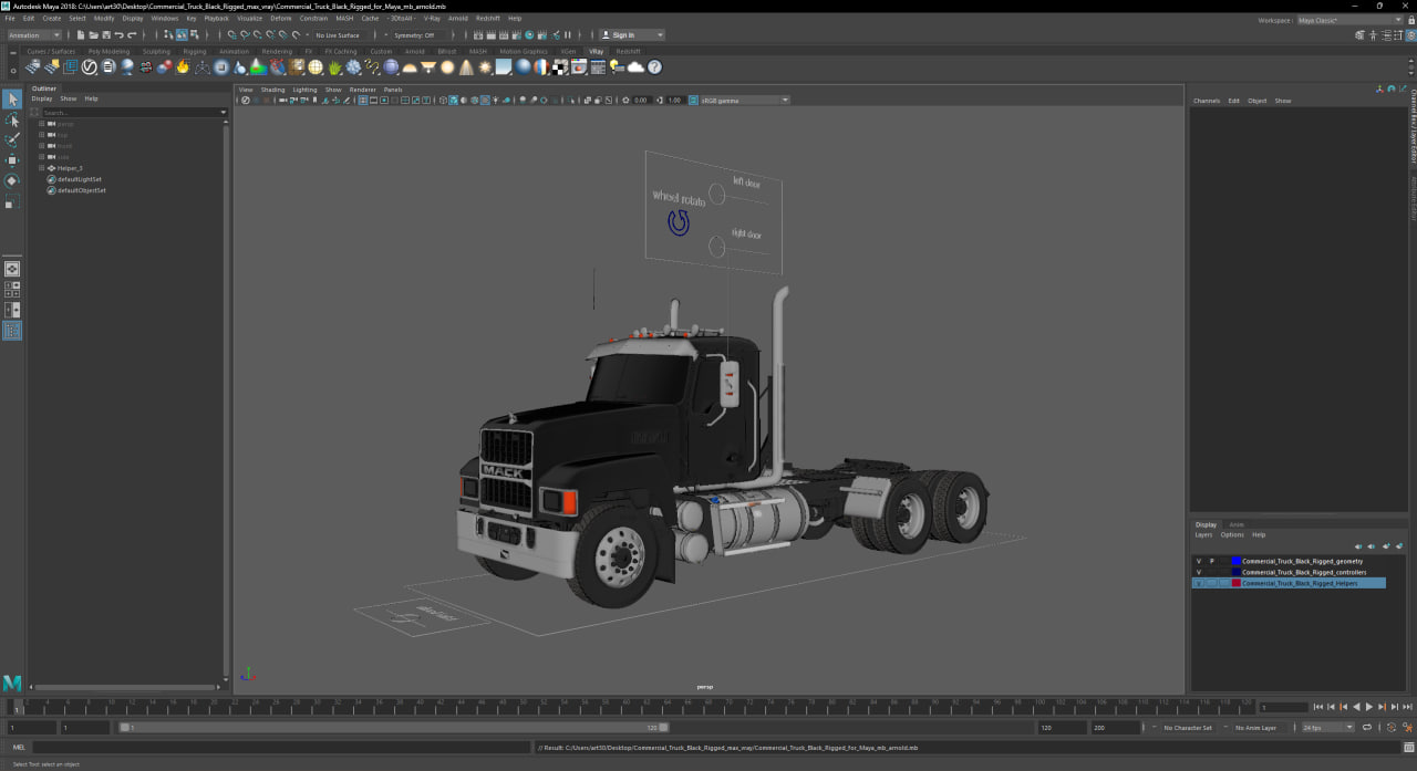 3D Commercial Truck Black Rigged for Maya model