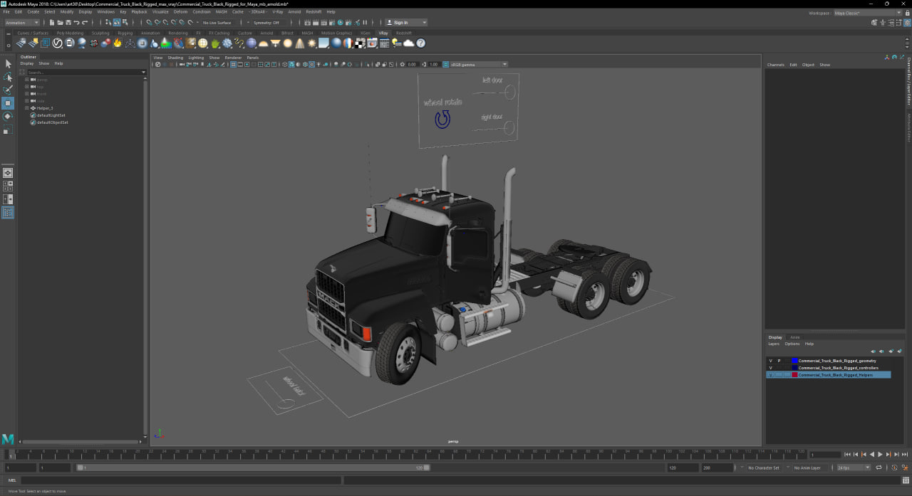 3D Commercial Truck Black Rigged for Maya model