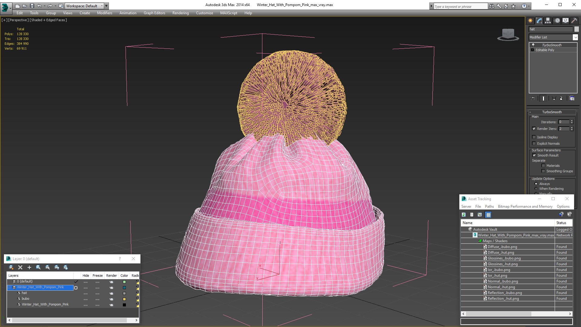 Winter Hat With Pompom Pink 3D