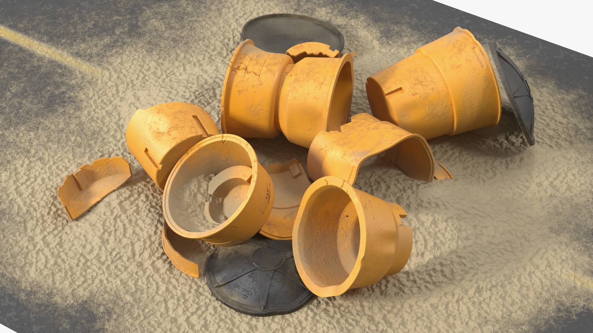 3D Road Section with Sand Barrels Crashed model