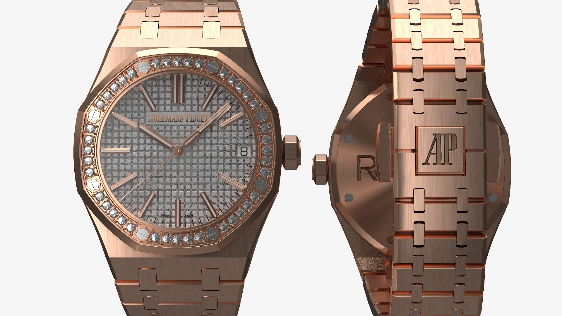 3D model Audemars Piguet Royal Oak Silver-Toned Diamond-Set Pink Gold