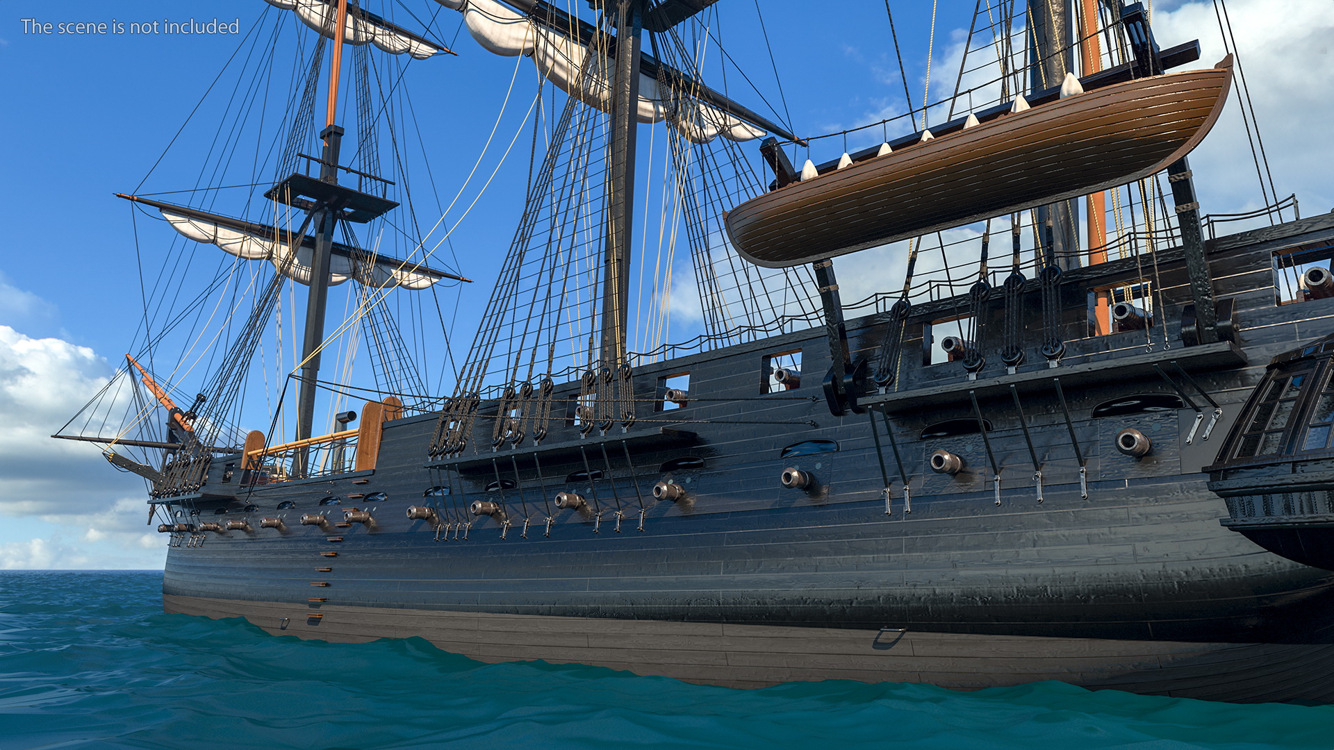 Three Masted Heavy Frigate Retracted Sails 3D