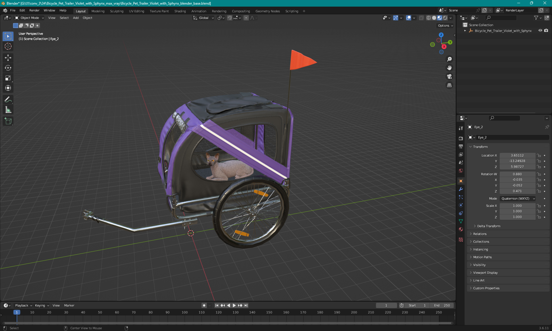 3D Bicycle Pet Trailer Violet with Sphynx model