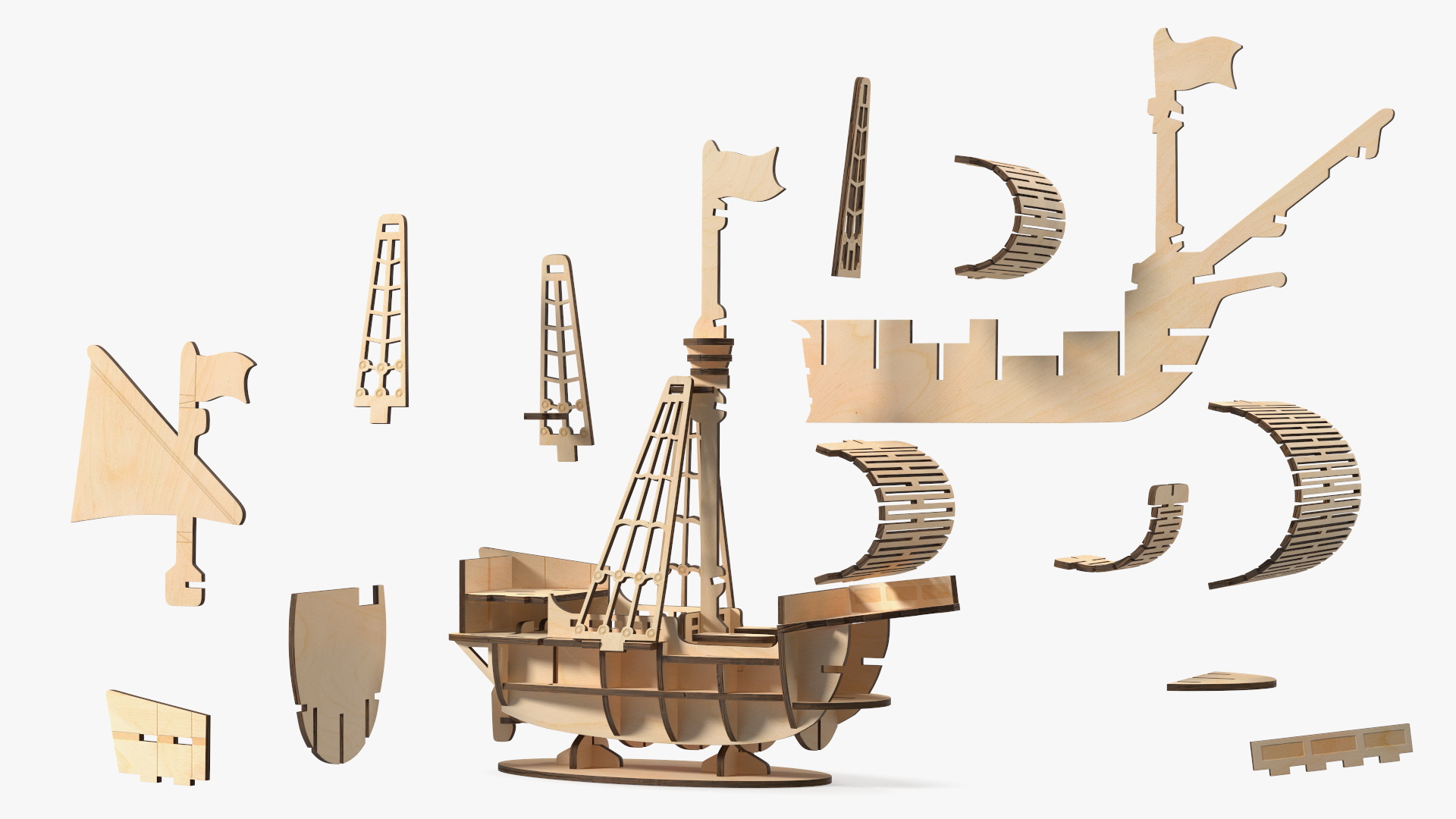 Ship Wooden 3D Puzzle Disassembled 3D model